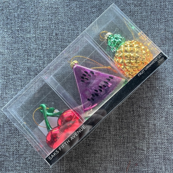 NWT Saks Fifth Avenue 3-Piece Fruit Ornament Set, Cherries Watermelon Pineapple - Picture 1 of 7